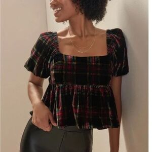 Tartan Plaid Peplum Top Sz S‎ Black Red Velvet Open Tie Back Puff Sleeve Preppy